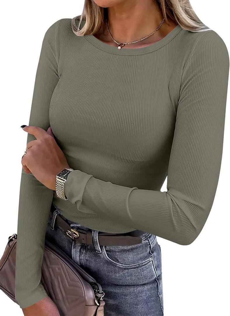 ANRABESS Women Long Sleeve Shirts Rib Knit Slim Fit Tops Basic Tee 2025 Fall Outfits Casual T-Shirt Underscrubs Layer Clothes (X-Small, Army Green)