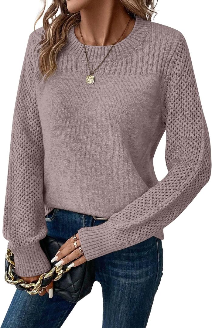 RICHSTORY Womens Sweaters Casual Long Sleeve Crewneck Crochet Knit Pullover Sweater Tops 2025 Fall Fashion Trendy Outfits (Small, Light Purple)
