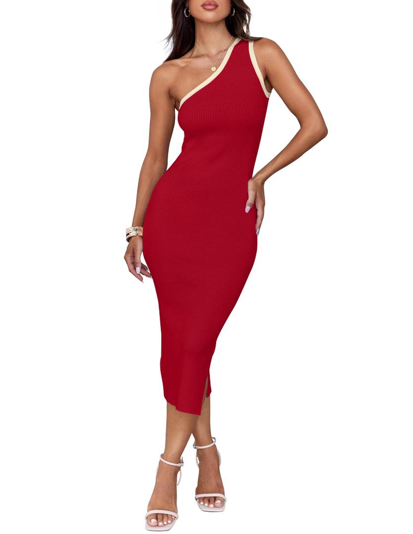 ZESICA Women's 2025 Summer One Shoulder Bodycon Midi Dresses Casual Sleeveless Ribbed Knit Side Slit Vacation Dress,Red,Medium (Red, S)