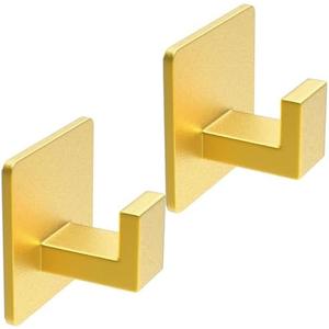 VAEHOLD Adhesive Towel Hooks, Heavy Duty Wall Hooks Aluminum Black Hooks for Hanging Coat, Hat, Towel, Robe, Clothes, Shower Hook for Door, Office, Kitchen, Bathroom - 2 Pack (Gold)
