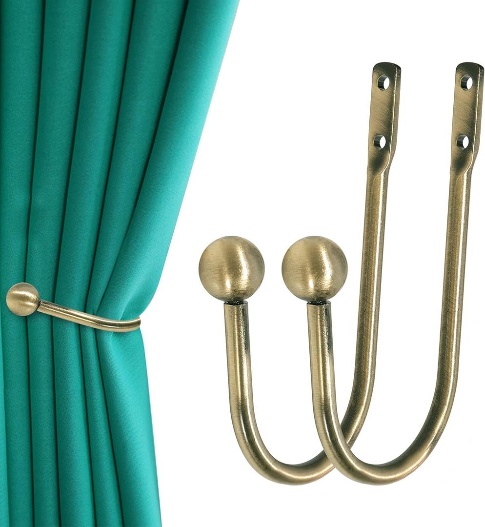 Curtain Holdback, 2 Pcs Wall Mounted Drapery Tiebacks with Screws, Heavy Duty Metal Decorative Window Drapery Holder Curtain Hook, Brass