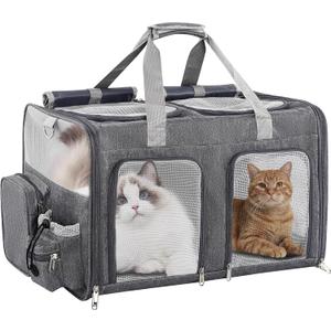 Cat Carrier for 2 Cats - Double Pet Carrier Extra Large, Dual Cabin Multi Cat Travel Carrier with Removable Divider, Collapsible, Can Hold 20 30 40 lbs for Two Small Kitten, a Medium Dog Gray