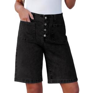 luvamia Bermuda Shorts for Women Jean High Waisted Trendy Patch Pockets Casual Summer Button Fly Stretchy Denim Shorts (Black, L)