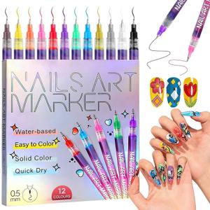 Nail Art Pens Set 12 Colors, 0.5 mm Fine Tip 3D Acrylic Polish Pen, Waterproof Quick-Drying Dotting Graffiti Drawing Liner Brush, DIY Nail Art Design Manicure Tools for Beginners Women Home Salon Use