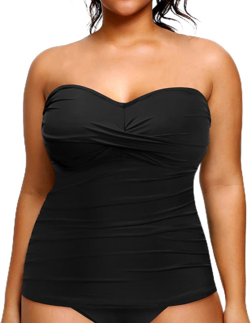 Aqua Eve Plus Size Tankini Top Only Bandeau Swim Top Strapless Swimsuit Top Twist Front Bathing Suit Top No Bottom (Black) 14W