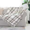 Taupe Grey and White Plaid Decor Tartan Blanket, Lightweight Soft Chenille Striped Knitted Rustic Farmhouse Throw with Tassels for Couch Sofa Chair Bed Office Home, 50" x 60"