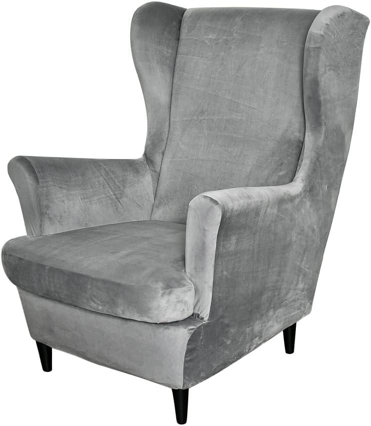 Wing Chair Slipcovers, 2 Piece Stretch Wingback Chair Cover Soft Velvet Armchair Covers with Elastic Bottom for Living Room Bedroom (Grey)