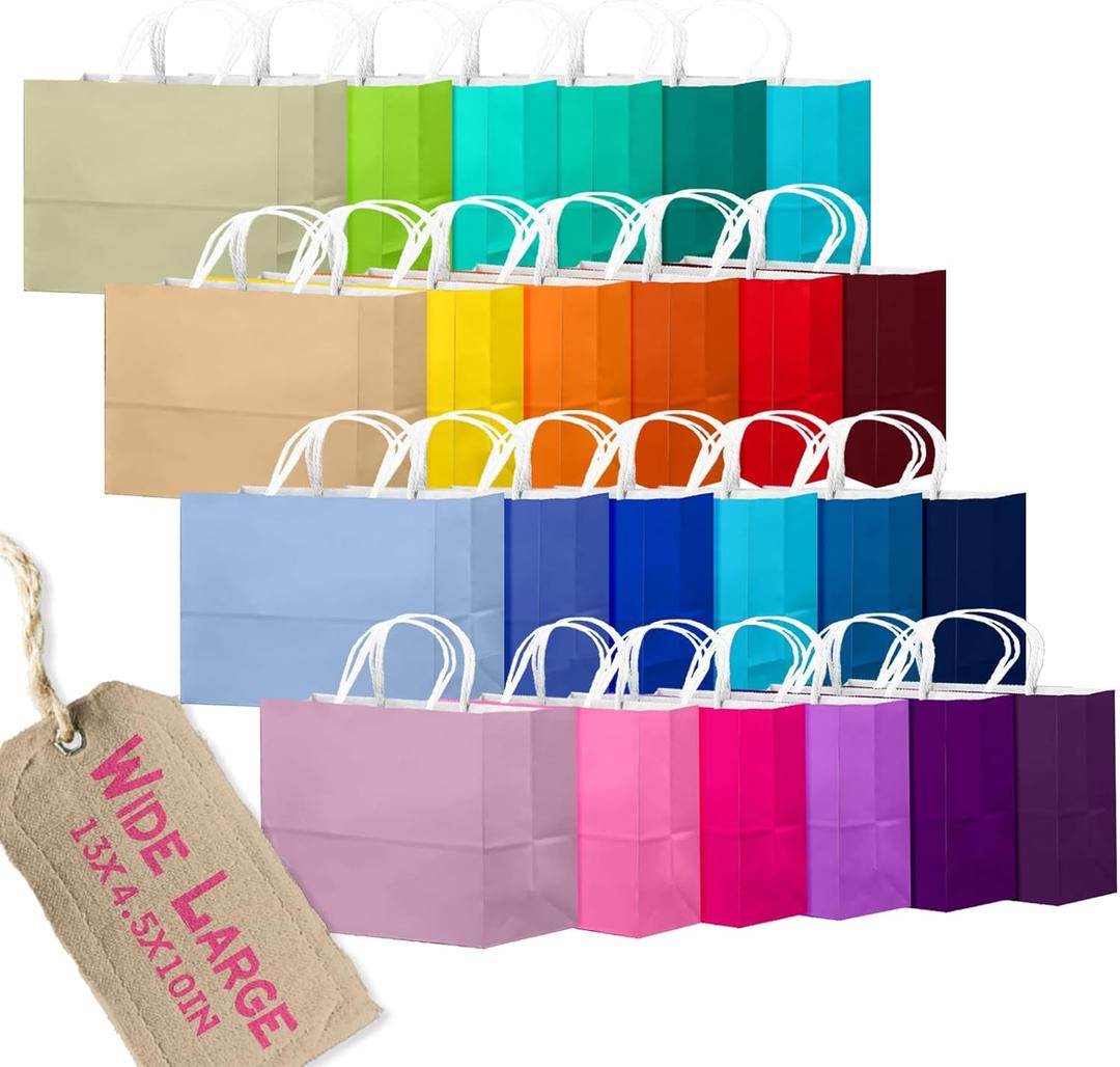 Qiqee 100Pcs Paper Gift Bags with Handles - 12.6"x4.3"x10" Wide Large Party Favor Bags 