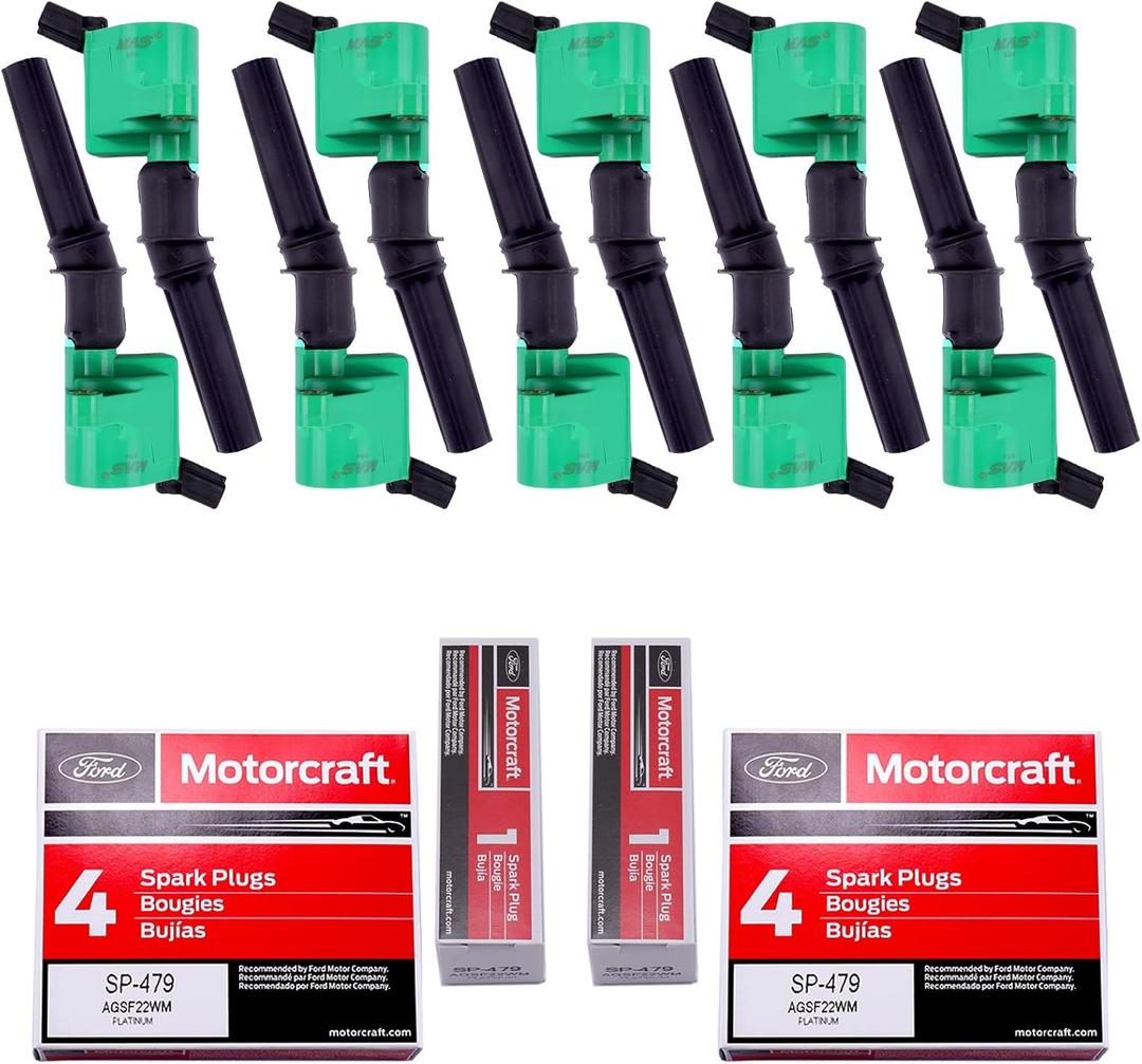 MAS Set of 10 Ignition Coils Pack Green DG508 & Motorcraft Spark Plug SP479 Compatible with Ford E350 E450 Excursion Econoline Super Duty F250 F350 6.8L V10 Replacement for FD503 3W7Z12029AA