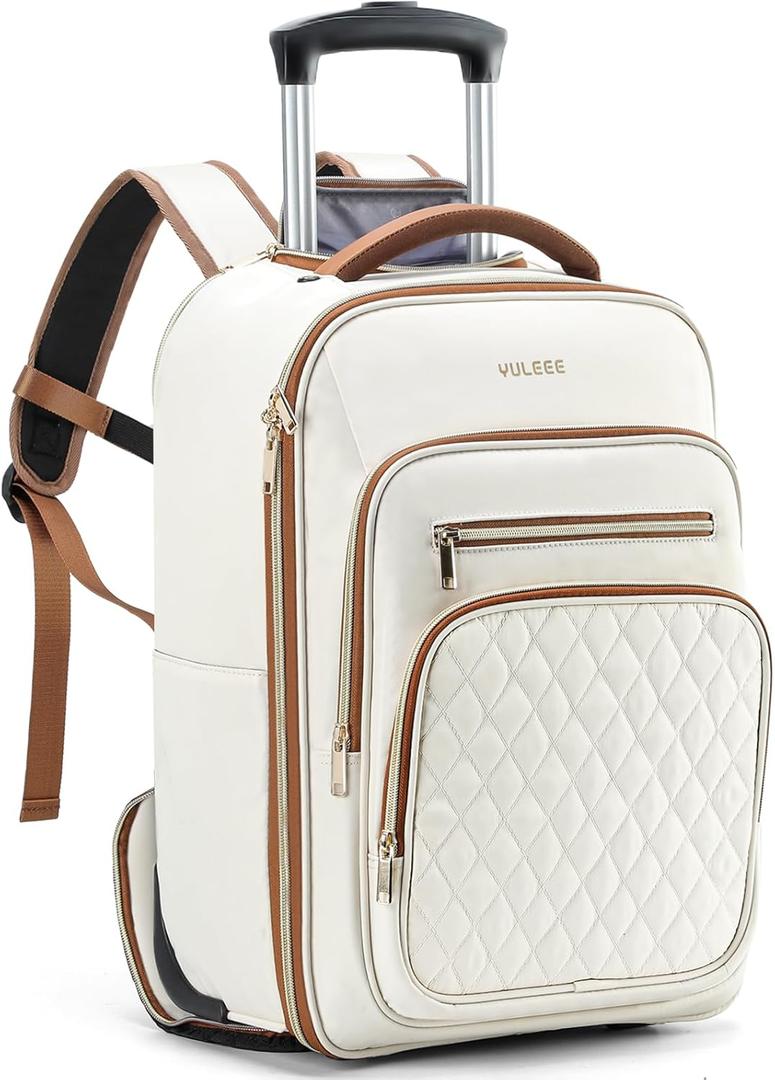 Rolling Backpack- 17 Inch Laptop Bag with 2 Wheels, Flight Friendly Size, Opening from 90-180, Wheeled Backpacks for Women, Carry-On Luggage for Overnight Travel College Work Coummute, Beige