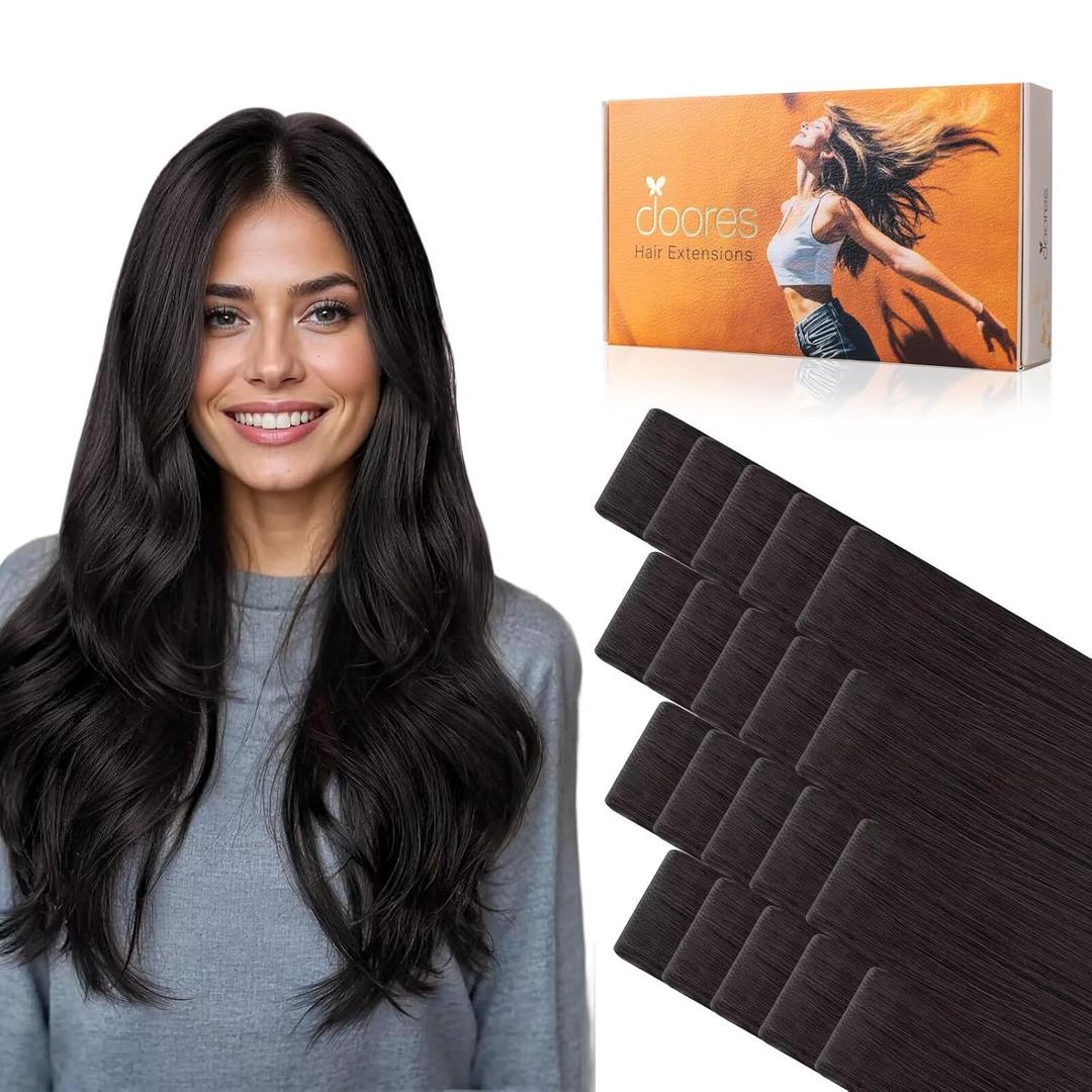 DOORES Invisi Edge Seamless Tape in Hair Extensions Human Hair, Natural Black 10 Injection Tape-ins with 10 Injection Tape-ins 50g 20 Inch, Injected Tape in Extensions