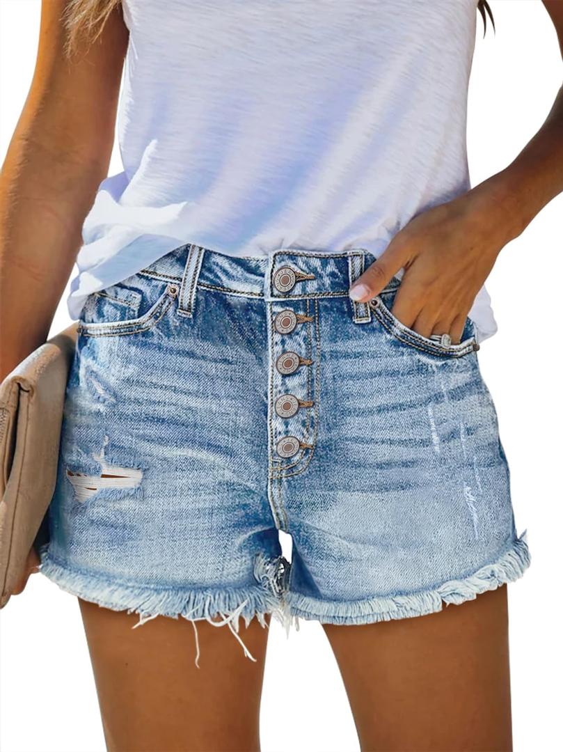 ZOLUCKY Jean Shorts Womens Summer High Waisted Denim Stretchy Ripped with Pockets (Blue, S)