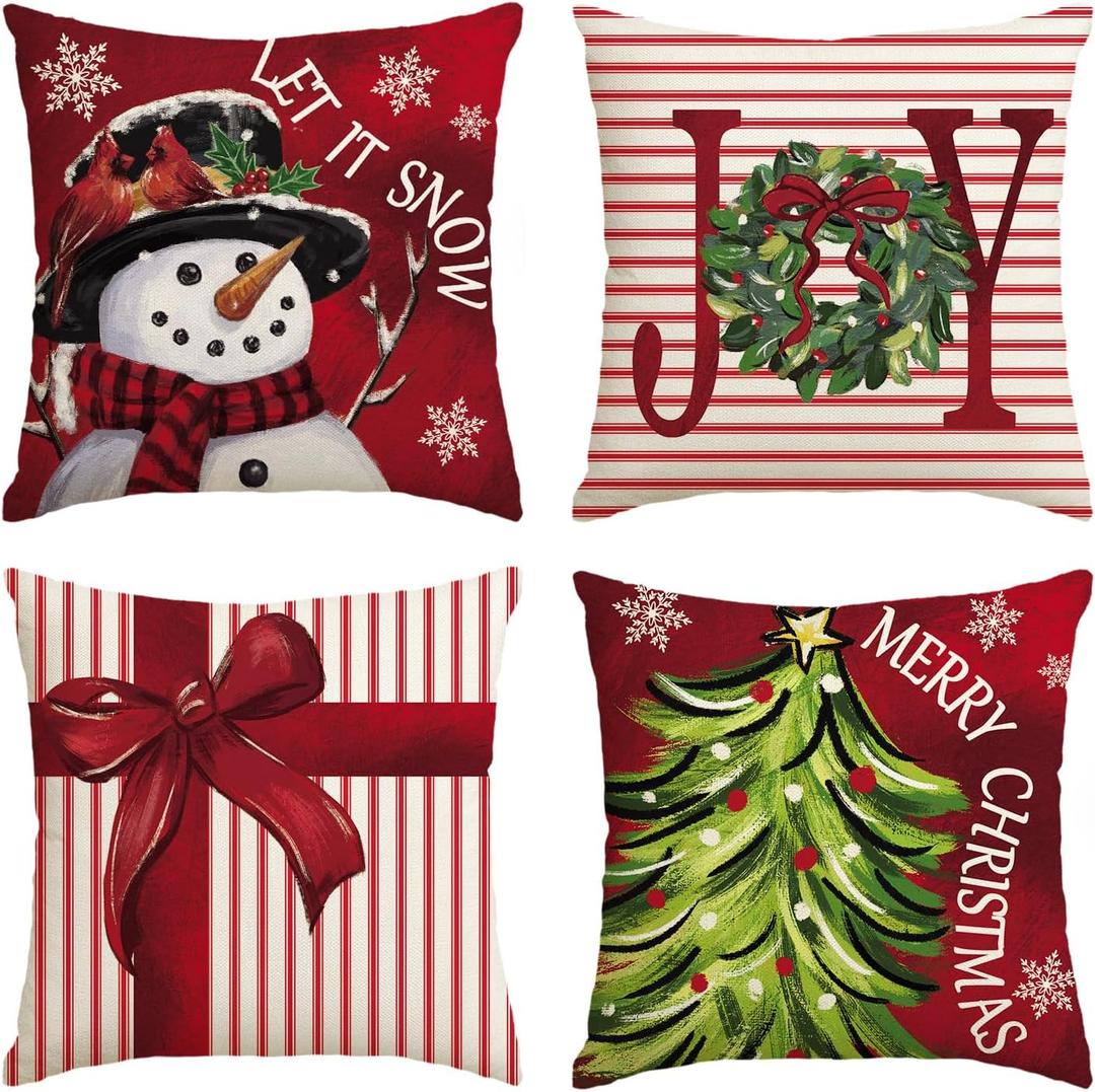 AVOIN colorlife Merry Christmas Let It Snow Joy Stripes Gift Box Red Throw Pillow Covers, 16 x 16 Inch Xmas Tree Holiday Cushion Case Decoration for Sofa Couch Set of 4