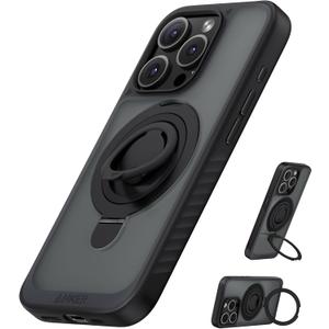 Anker Magnetic Ring Stand for iPhone 15 Pro Case, Silicone Finger Ring Grip Stand Holder, Military Grade Drop Tested, Compatible with MagSafe, Built in Kickstand, Soft Edge Anti-Fingerprint, Black