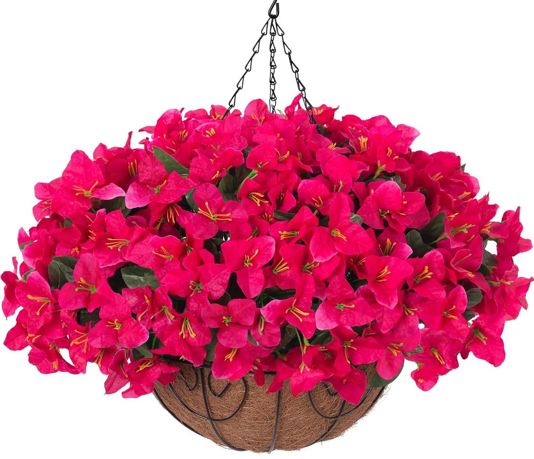 Artificial Fake Hanging Flowers Plants Basket for Outdoors Spring Summer Decoration, Faux Silk Bougainvillea Flowers in Planter UV Resistant Realistic for Outside Porch Patio Garden Yard Home, Hotpink