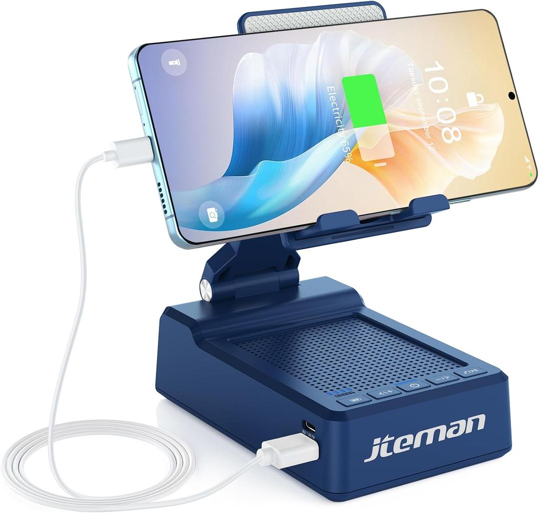 Jteman Gifts for Men Women Bluetooth Speaker with Cell Phone Stand and Wireless Charger, Wireless Charging Stand Phone Holder for Desk Birthday Gift Idea for Dad Mom (Blue)