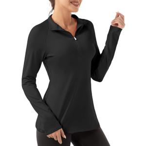 FKEEP Women's Polo Shirts Long Sleeve UPF 50+ Sun Protection Tennis Golf Workout Tops Sport Zipper V Neck (Black, S)