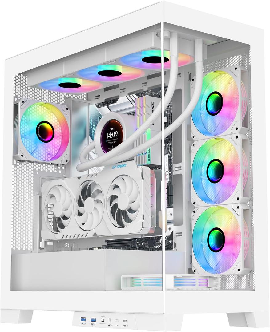 SAMA NEVIEW 4503 Mid Tower PC Case with Dual Tempered Glass Panels, 4120mm ARGB Fans Pre-Installed, High Airflow ATX PC Case for Case PC Gaming, USB 3.02, Type-C Port, Supports Top 360mm AIO  White