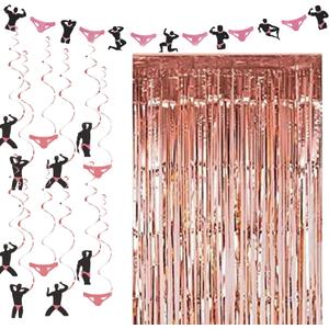 KIKEVITE Bachelorette Party Decorations I Rose Gold Curtain, Stripper Man Hanging Swirls & Banner for Birthday Wedding Engagement Bridal Shower