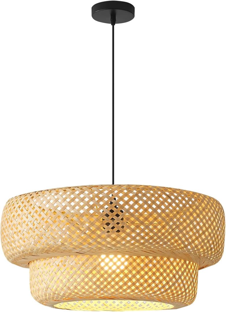 Bamboo Pendant Light Boho Rattan Hanging Light 17.7" Hand Woven Wicker Chandelier for Kitchen Island for Kitchen Island Dining Bedroom Living Room Restaurants (Bamboo 2-Tier)