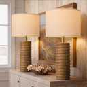 PoKat Farmhouse Table Lamps Set of 2 for Living Room, 27'' Tall Retro Ceramic Bedside Lamps with Linen Lampshade for Bedroom, Vintage Wood-Like Rustic Nightstand Lamp Office Sideboard Hallway (Brown)