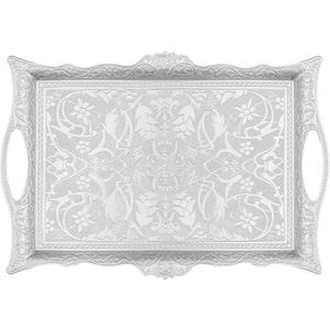Alisveristime Ottoman Turkish Zamak Serving Tray with Traditional Motifs, Ideal for Coffee and Tea - Six Person Tray (14.5 x 9.85 in) (Silver)
