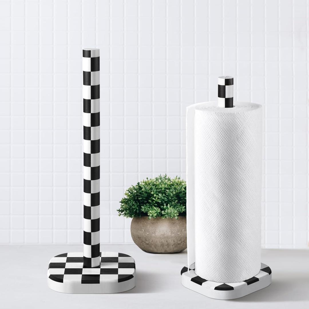 Teenyyou Checkerboard Paper Towel Holder Countertop Wood Standing Paper Roll Holder with Anti Skid Base Black and White Decorative for Kitchen Bathrooms Living Room