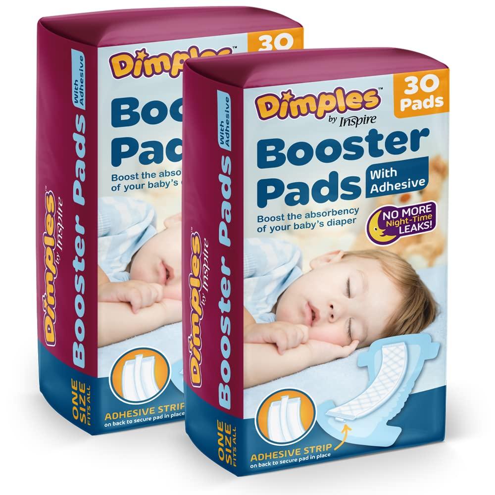 Dimples Booster Pads, Baby Diaper Doubler with Adhesive for Secure Fit | 1 Size Fits All Diapers | Boosts Absorbency No More leaks 60 Count (30 Count (Pack of 2))