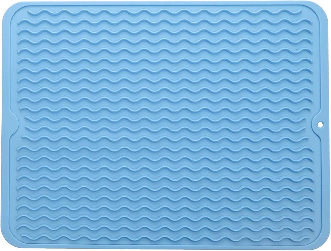 Silicone Dish Drying Mat for Multiple Usage,Easy clean,Eco-friendly,Heat-resistant Silicone Mat for Kitchen Counter or Sink,Refrigerator or drawer liner Light Blue L 16 inches x 12 inches