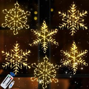 6 Pack 13 in Christmas Snowflake Window Lights Decorations Warm White Hanging Snowflakes Silhouette Light with Remote Control Timer USB Powered Lighted Window Decoration for Home Xmas Tree