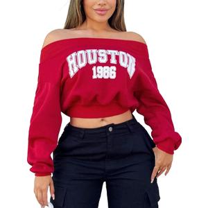 LovelyWholesale Women Off the Shoulder Sweatshirt Long Sleeve Graphic Pullover Crop Tops (Small, Red)