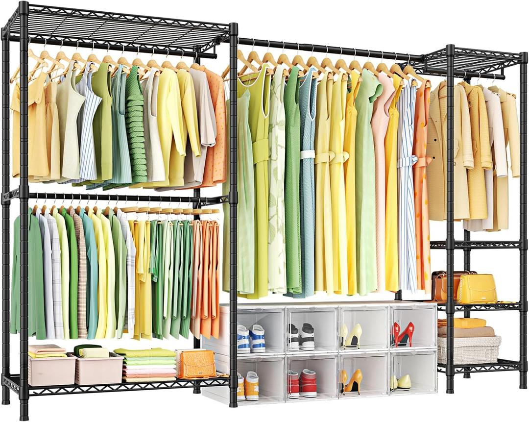 Ulif E10 Clothes RackWith Stretchable Hanger RodFreestanding Clothing Racks for Hanging ClothesAdjustable Closet Organizer SystemPortable Garment Rack 73-97"W x 15" D x 72" HMax Load 800LBSBlack