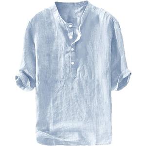 Ryannology Mens Linen Shirts Casual Cotton 3/4 Sleeve Regular-Fit Henley T-Shirt Summer Lightweight Beach Yoga Tops (01 Sky Blue, XXL)