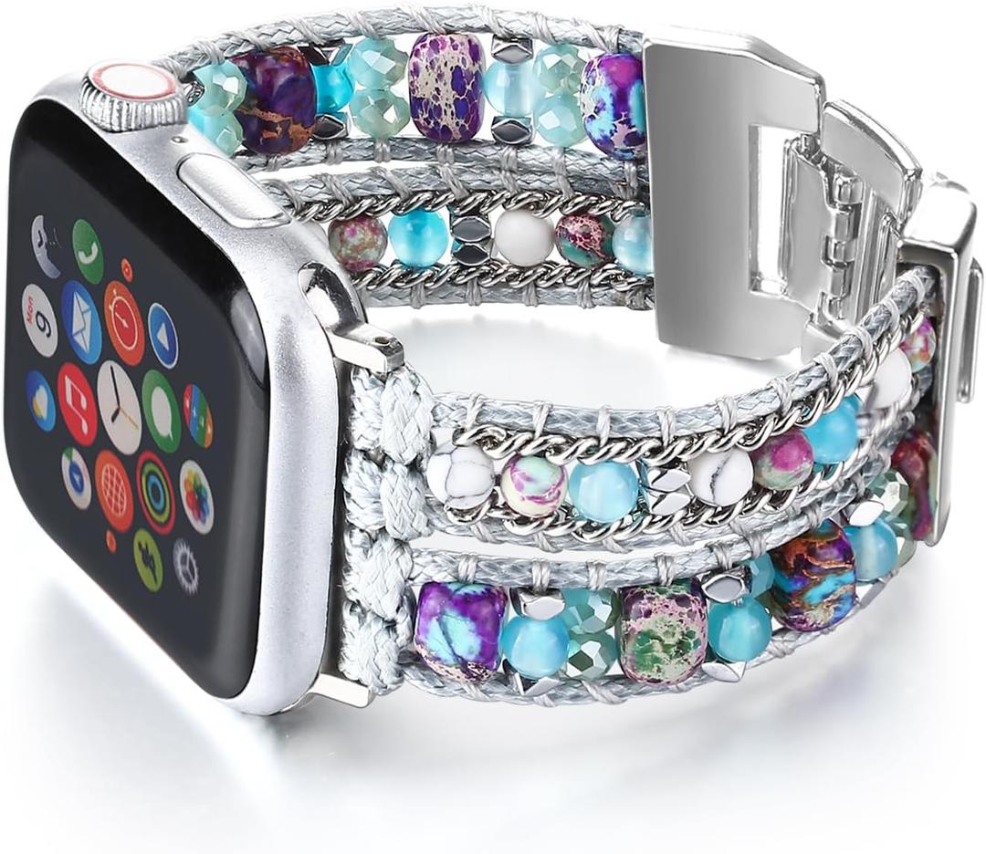 Boho Beaded Bracelet Compatible with Apple Watch Band for Women Men - Handmde Natural Stone Leather Multilayer Wrap Apple Watch Strap iWatch Band Series 11 10 9 8 7 6 5 4 SE 3 2 1 Ultra 2 3 (Silver, 38mm/40mm/41mm)