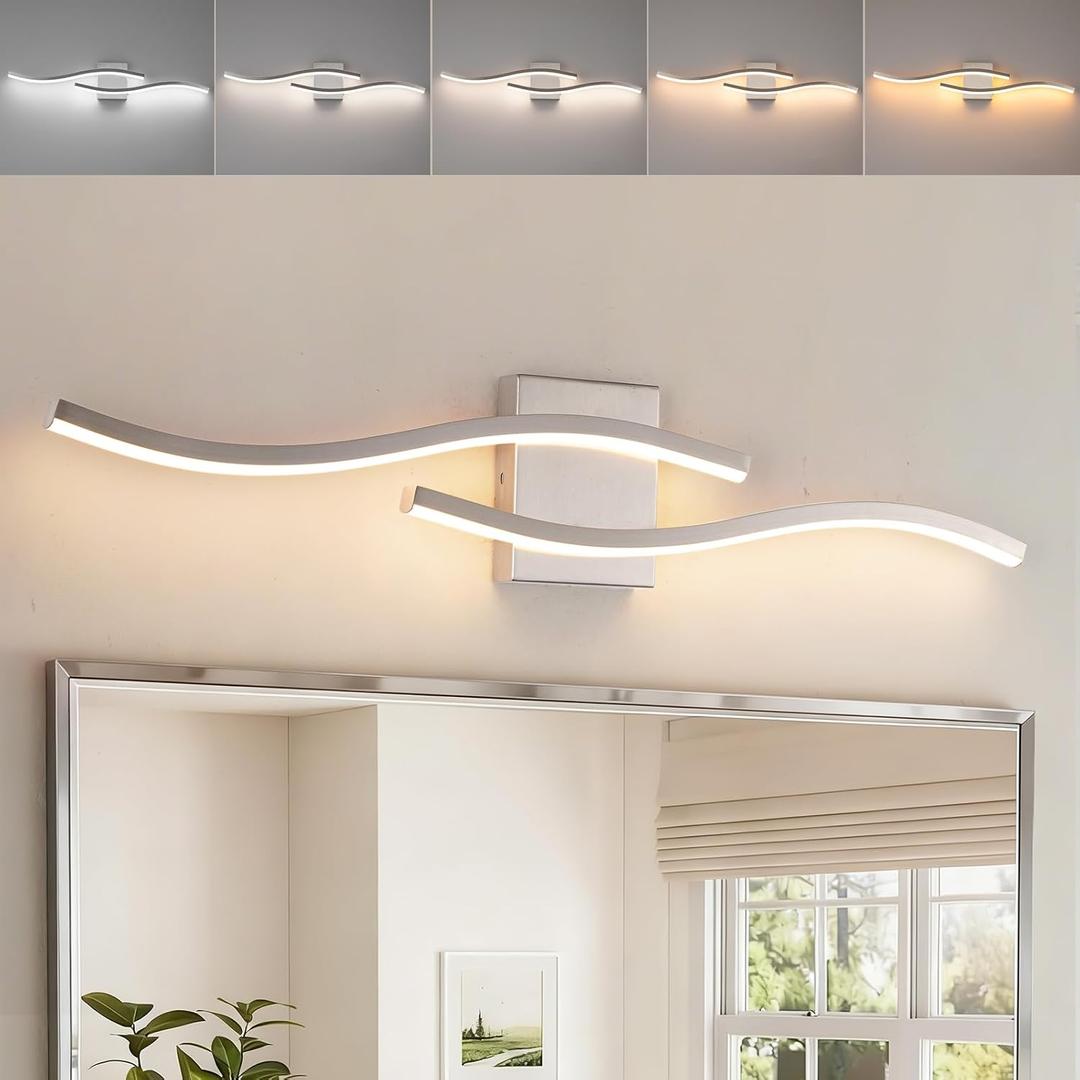 Brushed Nickel Curved 3000~6000K Bathroom Vanity Light Fixture Over Mirror, 31.5 inch Modern LED Wall Lamp 5CCT Dimmable Bathroom Light Fixture Modern Vanity Lighting