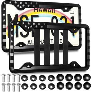 2 Pack Silicone License Plate Frame, American Flag License Plate Holder Bracket with Mount Screws Caps, Rattle Proof Universal Car Tag Cover for Front and Rear, Hiking Outdoor Sport