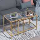 Coffee Table Set of 2,Gold Glass Nesting Coffee Side End Table,Square Modern Center Table for Living Room,Bedroom and Small Spaces,Tempered Glass-top with Sturdy Metal Frame, Easy Assembly (Rectangle)