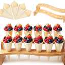 Queekay 100 Pcs Disposable Wooden Food Cones with 12 Holes Food Cone Display Stand Cone Holder for Charcuterie, Ice Cream, Catered Events, Party or Buffets (Curved,Bamboo)