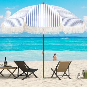 Aoxun 7ft Patio Umbrella with Fringe Outdoor UV 50+ Protection Picnic Umbrella with Aluminum Pole, Ribs Push Button Tilt and Carry Bag (Blue Stripes)