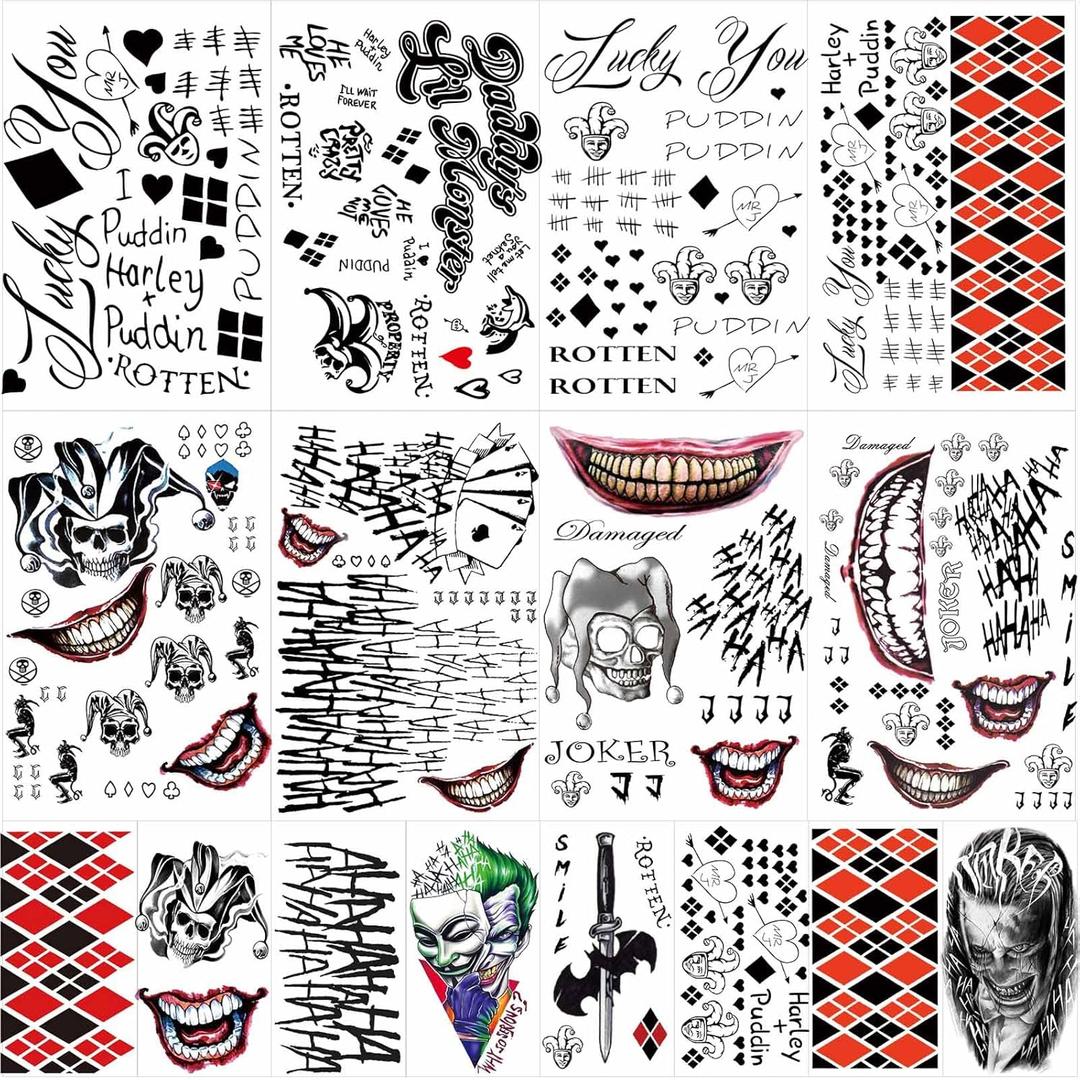 23 Sheets Halloween Joker Tattoos for Men Women Adults, Halloween Face Fake Temporary Tattoos, Halloween Snake Skull Bat Spider Scar Fake Tattoos Set for Halloween Cosplay Makeup Party Accessories (Green, Red, Orange, Black, Purple)