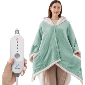 Wearable Heated Throw Blanket, Heated Shawl Electric Wrap Poncho with Hood & Pockets for Women & Men, 5 Heat Settings, 3H Auto-Off, Machine Washable, ETL Certified, Gift-Ready, 56x63, Light Green