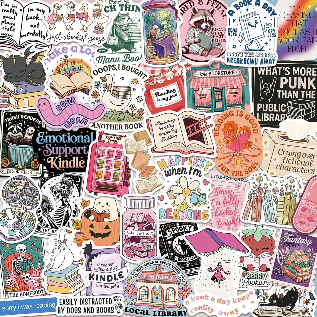 300 PCS Book Stickers for Kindle, Bookish Sticker Pack Reading Glitter Waterproof Vinyl Decals for Laptop, Ebook Readers, Water Bottles, Phone, Journal, Scrapbook, No Repeats (Holographic)