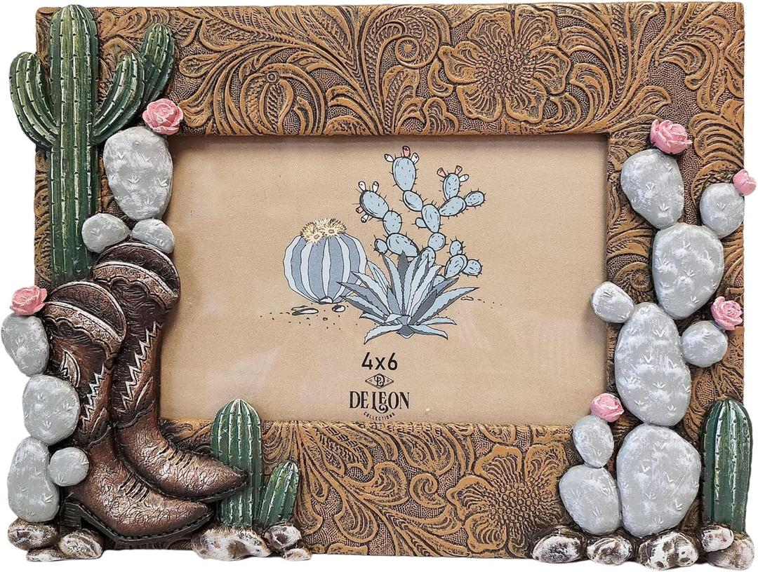 De Leon Collections Standing Landscape Photo Picture Frame, 6 x 4 Inch Polyresin, Turquoise on Leather