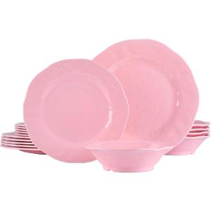 18 Piece Pink Dinnerware Set, Lightweight Kitchen Dining Plates and Bowls Set, Durable Melamine Dishes, Set of 6, Unbreakable RV Camping Dishes, Dishwasher Safe