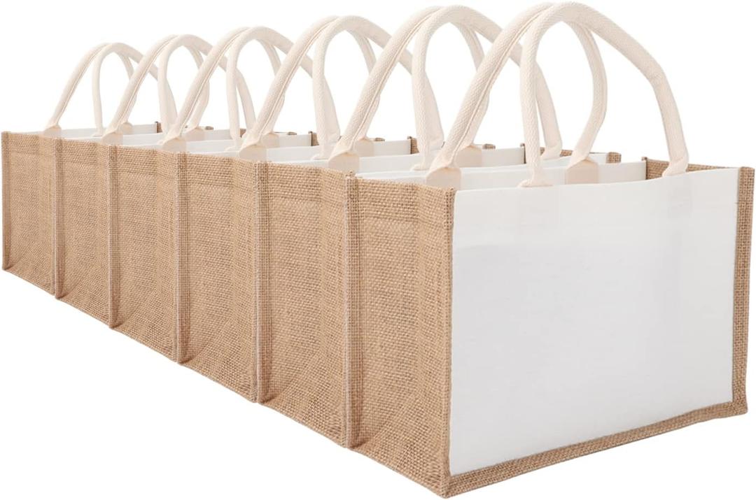 Jute Tote Bag MEIANJUN Small12.5"x8.5"x5.1"Bridesmaid Tote Bags retro tote Bag, country chic Arts and Crafts DIY Bag Jute Bags 6pcs with Handle Resuabale Grocery Bag for Tra 6 Pack of Brown White