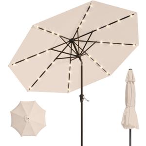 10FT Solar Umbrella 32 LED Lighted Patio Umbrella Table Market Umbrella w/Tilt and Crank, UV-Resistant Outdoor Umbrella for Pool, Garden, Deck, Beige