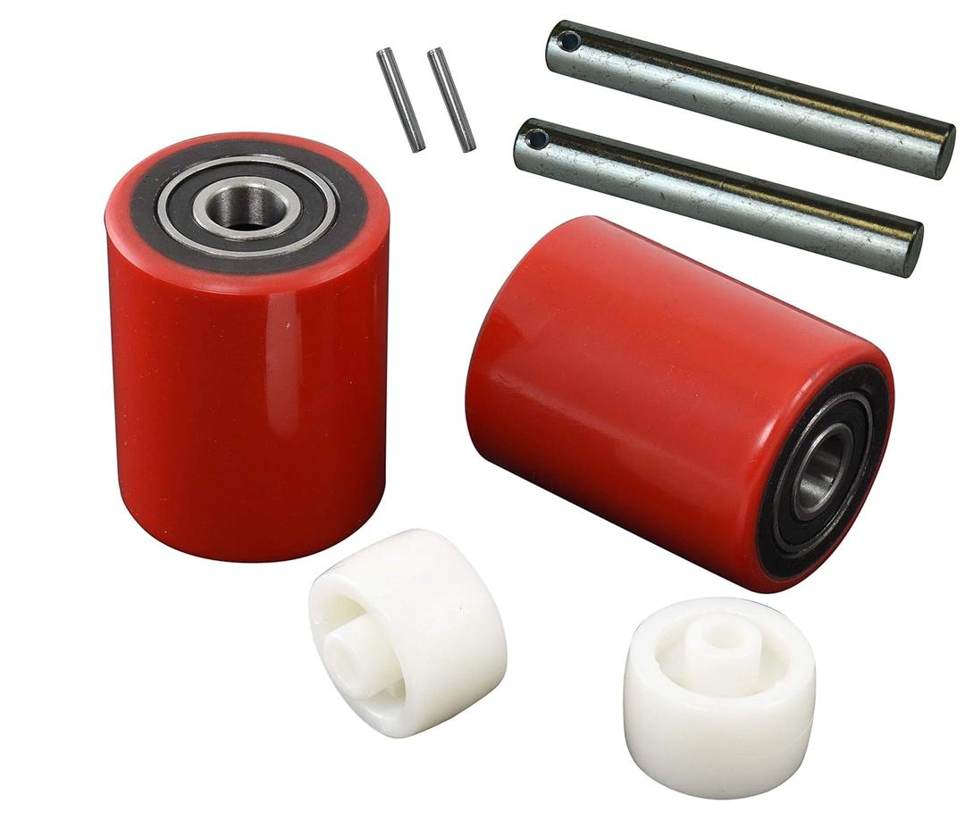 Pallet Jack/Truck Load Wheels Set with Axles and Entry Exit Roller (4 pcs) 2.75" x 3.75" with Bearings ID 20mm Poly Tread Red