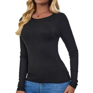 Long Sleeve T-Shirt Women Ribbed Scoop-Neck Shirts for Women Basic Trendy Lightweight Shirts for Women (X-Large, Black)