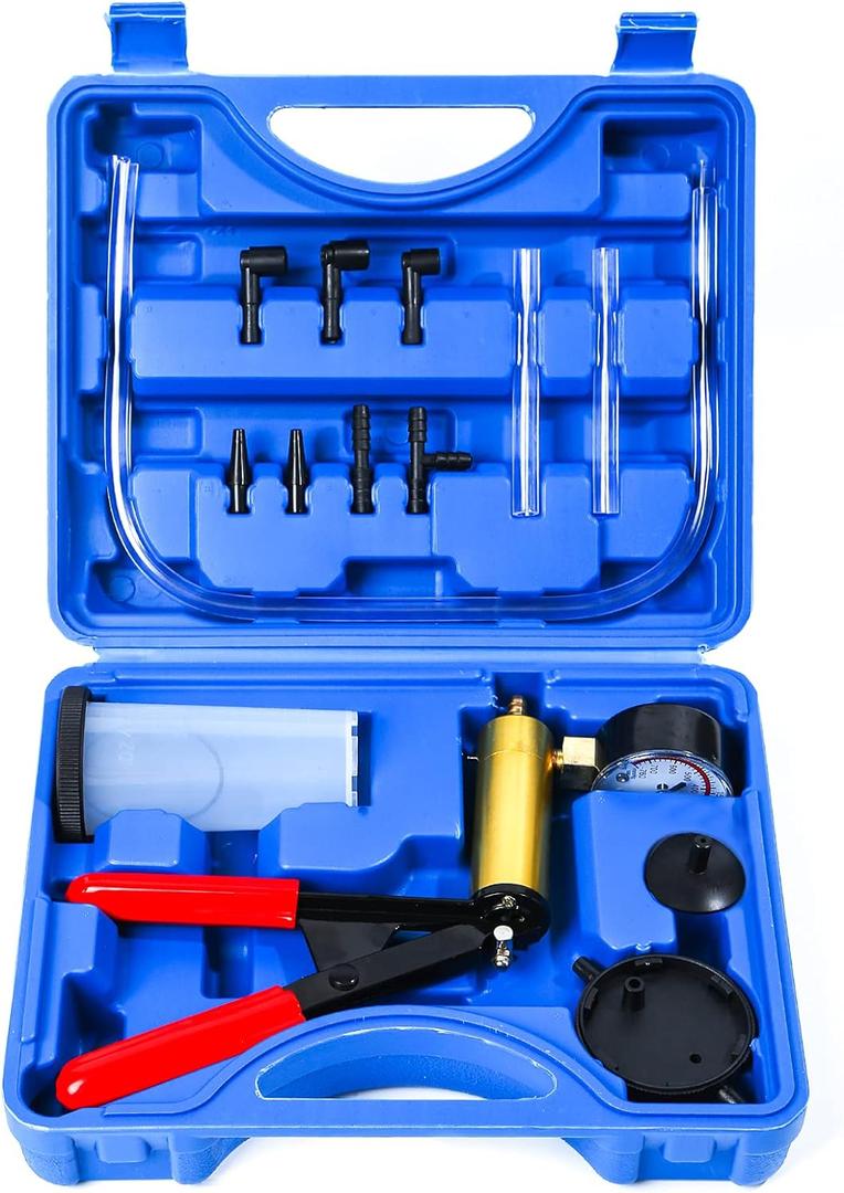 2 in 1 Brake Bleeder Kit with Hand Vacuum Pump with Gauge Adapters Automotive Brake Fluid Bleeding Set with Protected Case for Car Truck (Blue)