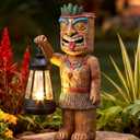 Tuanse 9.5" H Solar Tiki Statue Bar Decorations Outdoor Garden Patio Hawaiian Luau Tiki Figurine with Solar Lantern Light Tropical Summer Decor for Lawn Yard Pool Housewarming Birthday Funny Gift